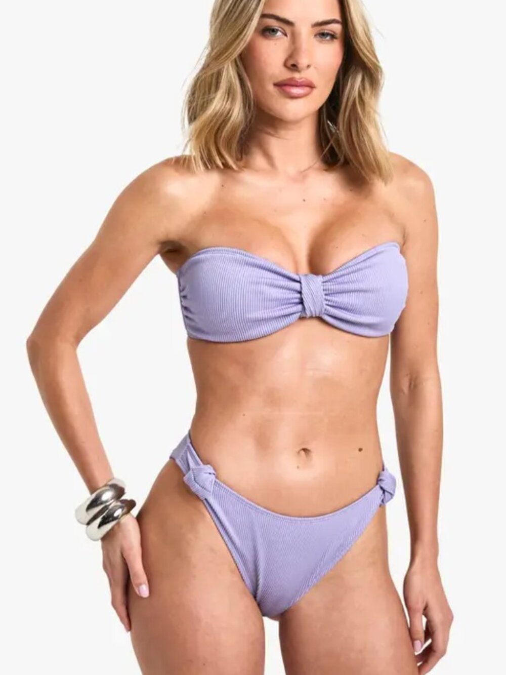 Boohoo Lilac Purple Ribbed Knot Front Strapless High Leg 2 Piece Bikini Set